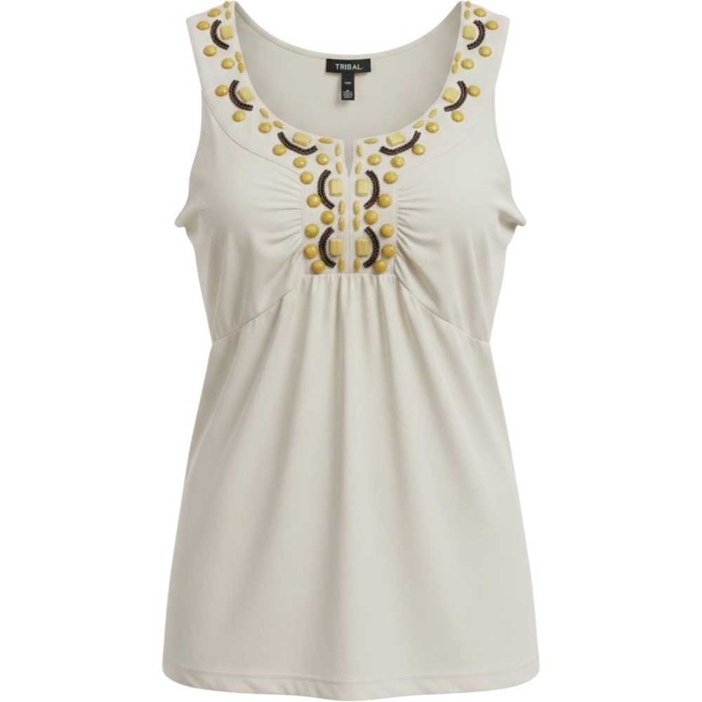 Tribal Tank Top Womens Large Cream Beaded Embellished Sleeveless